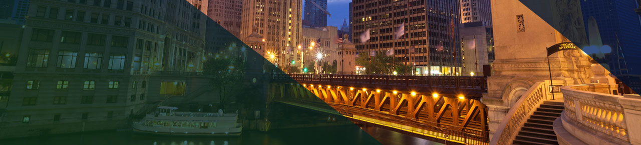 Bridge in Chicago over the Riverwalk at dusk